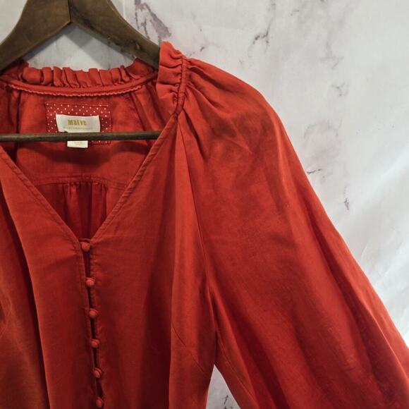 Anthropologie Shirt Womens Small Orange Popover Button Linen Maeve Peasant Audie - Picture 13 of 14